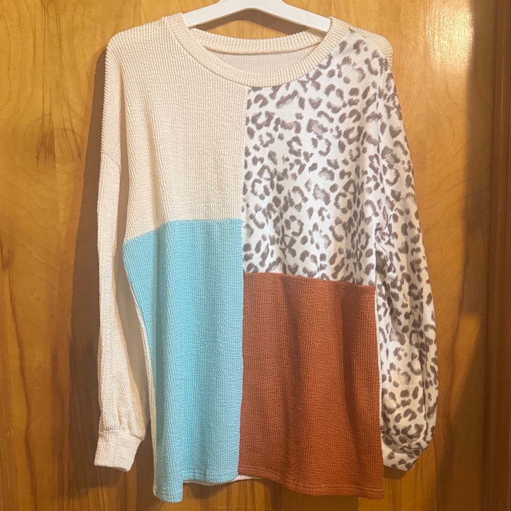 Colorblock Leopard Print Long Sleeve Top - Cream, Aqua & Rust